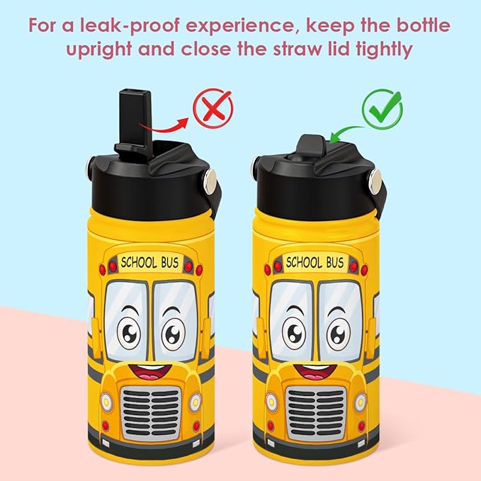 SANDJEST Kids Water Bottle with Straw Lid, Pack of 2 Insulated 12 Oz Stainless Steel Water Bottles for Boys, Travel Cup for School Sports, School Bus - Construction