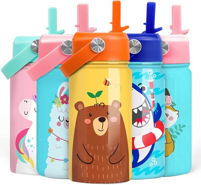 Bear Water Bottle - Kids Water Bottle with Straw Lid - 12 Oz Insulated Stainless Steel Water Bottles for Kid Boys - Travel Cup for School Sports