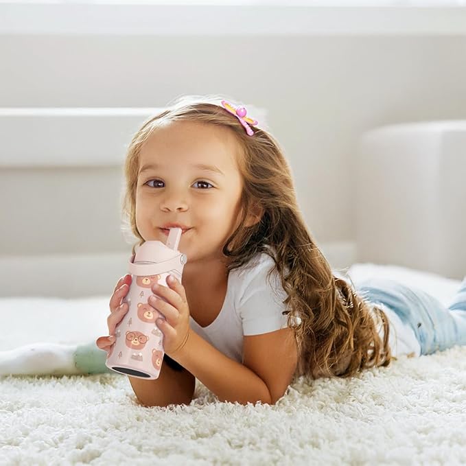 Bear Kids Water Bottle With Straw Lid 12oz Insulated Stainless Steel, Travel Tumbler, Bear Gifts For Boys Girls, Birthday, Christmas, Back To School