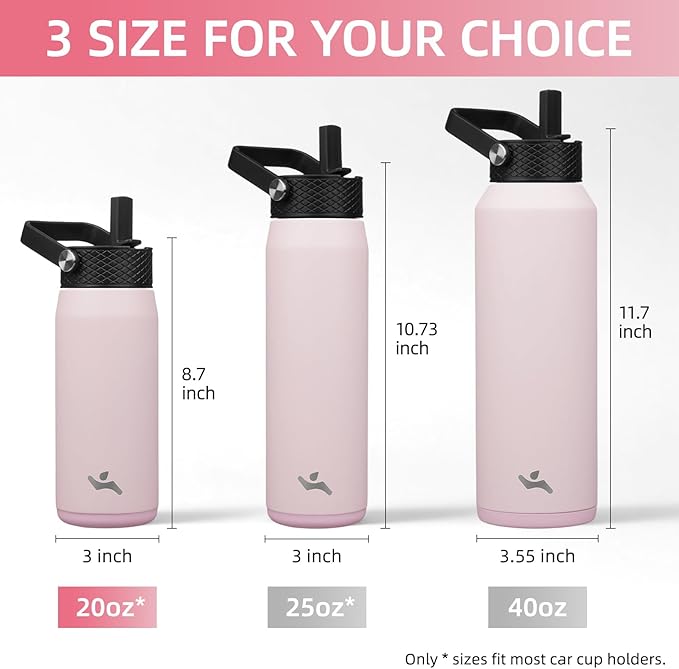 20oz Insulated Stainless Steel Water Bottle with Straw and 3 Lids, BPA-Free Sports Water Bottle,travel water bottle,Pink