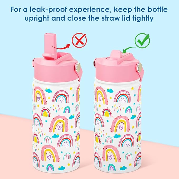 SANDJEST Kids Water Bottle with Straw Lid, Pack of 2 Insulated 12 Oz Stainless Steel Water Bottles for Girls, Travel Cup for School Sports, Unicorn - Rainbow