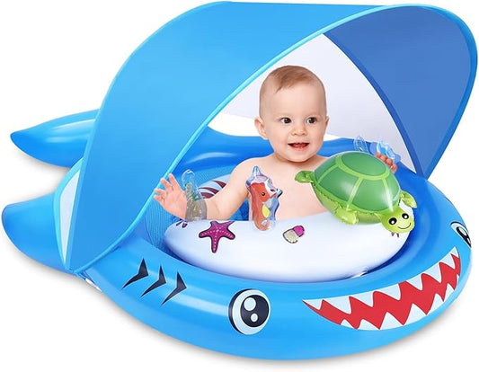 Baby Pool Float with UPF50+ Sun Protection Canopy, Inflatable Toddler Swimming Float with Ocean Animal Toys, Infant Pool Floaties with Adjustable Safety Seat for Kids 6-36 Months