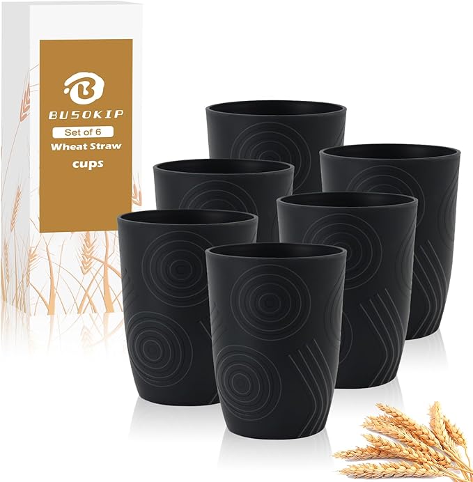6 Pack Wheat Straw Cups 12 oz, Plastic Cups Reusable Drinking Cup, Small Kids Cup, Unbreakable Water Cup Set Dishwasher Safe for Kitchen, Camping, School (Black)
