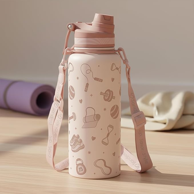 SANDJEST Workout Stainless Steel Water Bottle with Strap 32oz, Insulated Bottles with Straw and Spout Lid for Gym Sports Travel Outdoor, Gifts for Women Girls Birthday Christmas
