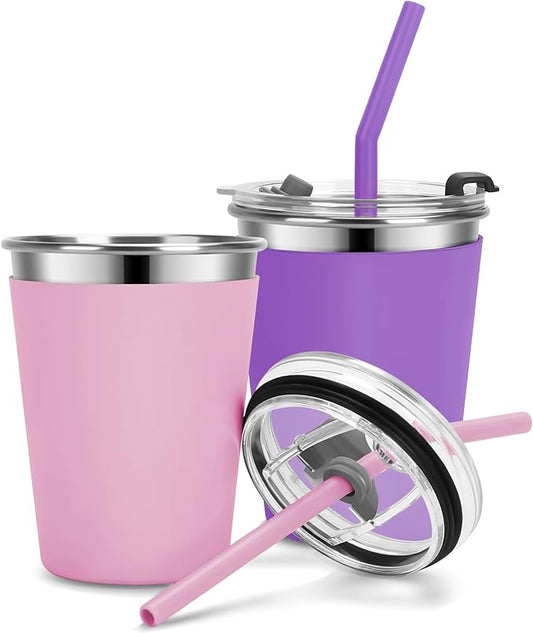 Kids Cups with Straws and Lids Leak Proof, 12oz Sippy Cups for Toddlers 1-3 No Spill, 2 Pack Spill Proof Cup Stainless Steel Kids Cup with Lids for School, Outdoor (Pink & Purple)