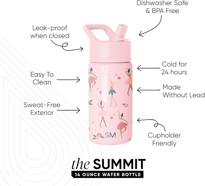 Simple Modern Kids Summit Water Bottle with Straw Lid | 14oz Stainless Steel Cup Insulated Tumbler for Toddlers, School | Pink Ballerina