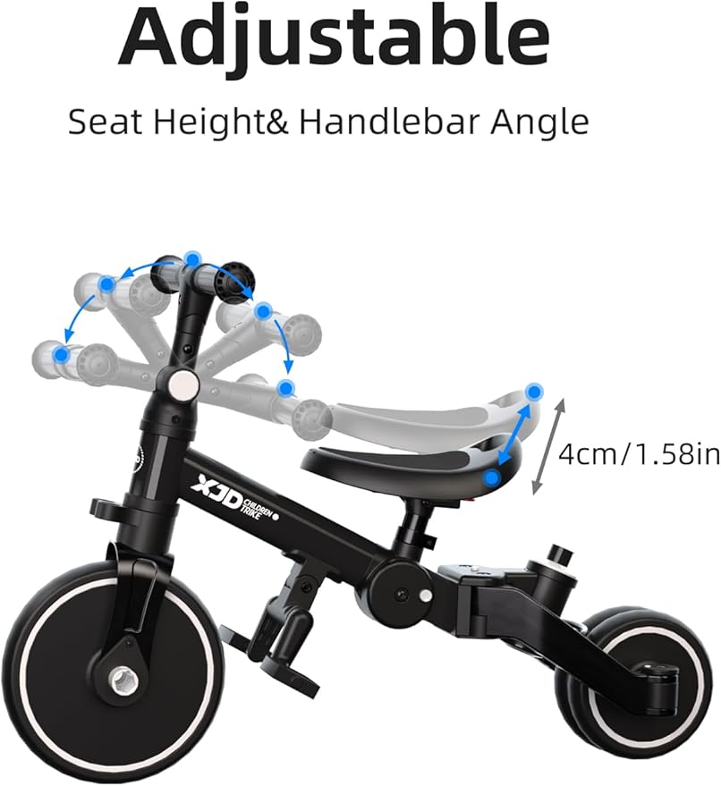 XJD Toddler Bike, 6 in 1 Folding Toddler Tricycle for 1-4 Year Old with Parental Control Handle, Balance Bike with Removable Pedal, Backrest, Adjustable Seat and Handle, First Birthday Gifts (Black)