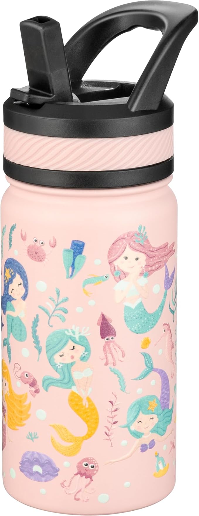 Fanhaw 14 Oz Kids Insulated Water Bottle with Straw - Stainless Steel Double Wall Vacuum Cup, Leakproof, BPA Free, Suitable for Boys and Girls(Pink - Sweat Mermaids)