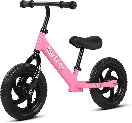 Birtech 12 Inch Toddler Balance Bike for Kids 2-6 Years Old, Adjustable Seat Height, Indoor Outdoor Toy Bicycle With No Pedals, Pink