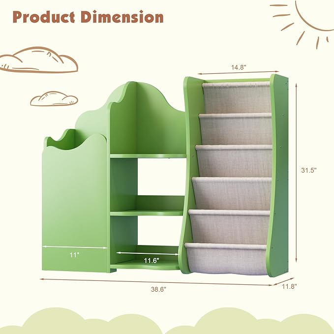 Tree House Kids Bookshelf Toddler Bookcase 4-Tier Baby Book Rack Sling Pocket Cabinet Children Toy Storage Organizer Wood Display Shelf Nursery Playroom Bedroom Classroom Preschool Boy Girl Gift