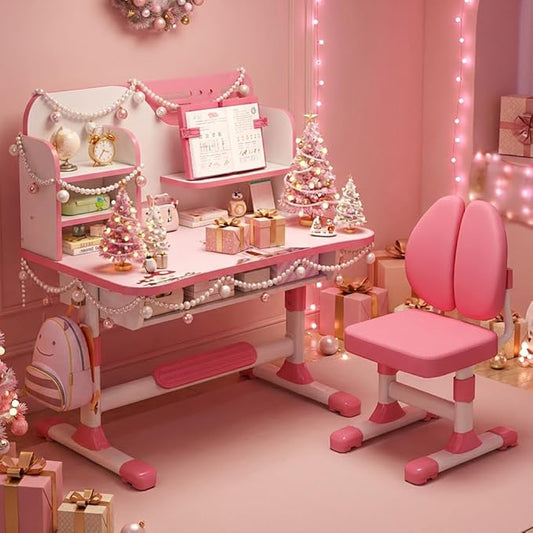 Kids Desk and Chair Set for 6-12, Hight Adjustable Study Table, Table for Kids with Bookshelf and Drawers, Bedroom Desk for Boys and Girls (Pink)