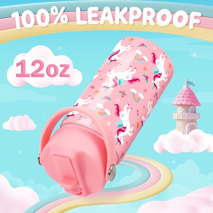 Unicorn Water Bottle for Girls - Kids Water Bottle with Straw Lid - 12 Oz Insulated Stainless Steel Water Bottles for Kid - Travel Cup for School Sports
