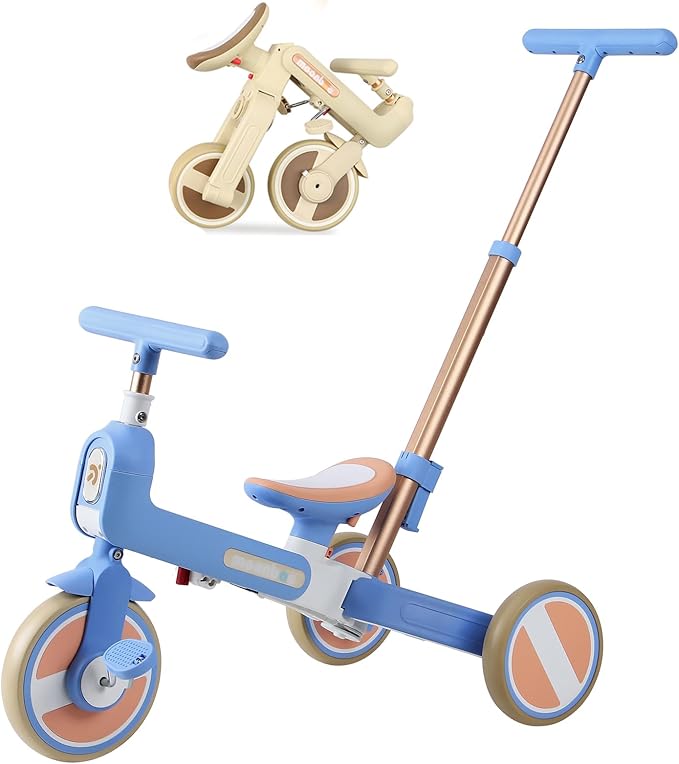 WEEROCK 6 in 1 Toddler Tricycle Folding Kid Tricycles with/Without Parent Steering Push Handle Boys Girls Balance Bike for 1-6 Years Old Toy Gift, Blue