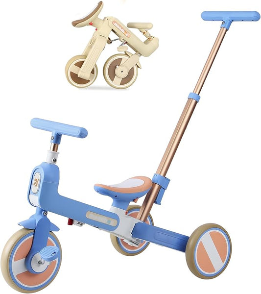 WEEROCK 6 in 1 Toddler Tricycle Folding Kid Tricycles with/Without Parent Steering Push Handle Boys Girls Balance Bike for 1-6 Years Old Toy Gift, Blue