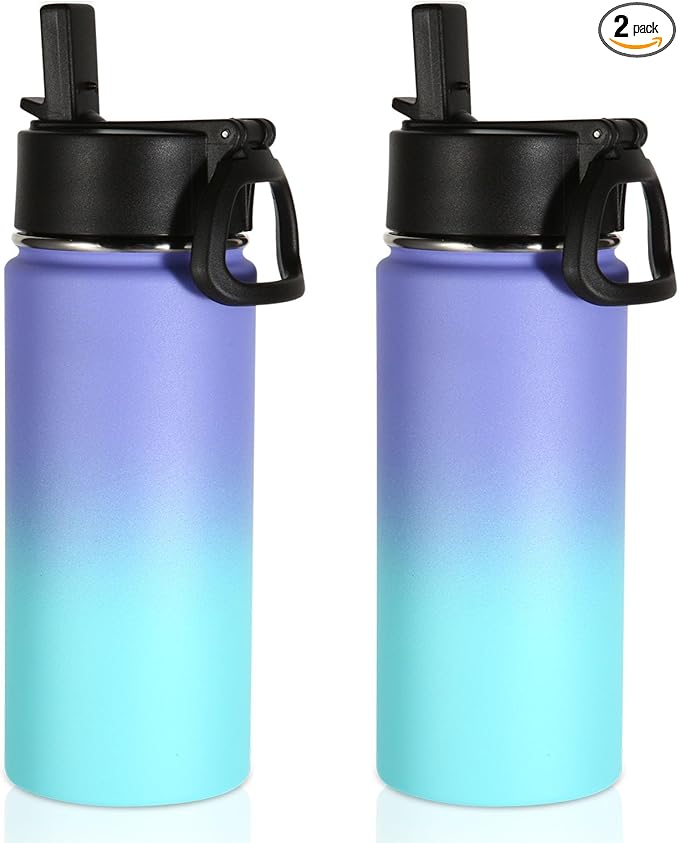 Volhoply 16 OZ Kids Water Bottle Bulk 2 Pack,Insulated Sports Bottles with Straw Lid,Stainless Steel Bottle with Handle Keep Cold & Hot,Double Wall Vacuum Tumbler Cups for School(Purple Blue, 2)