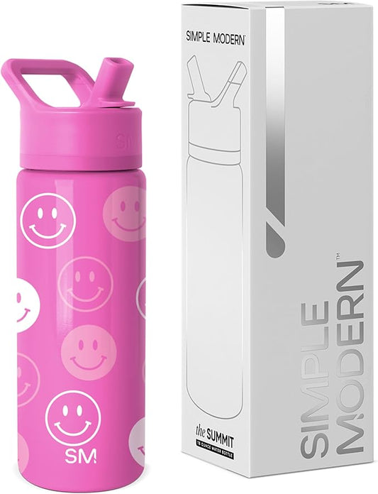 Simple Modern Kids Summit Water Bottle with Straw Lid | 18oz Stainless Steel Cup Insulated Tumbler for Toddlers, School | Pink Happy Faces