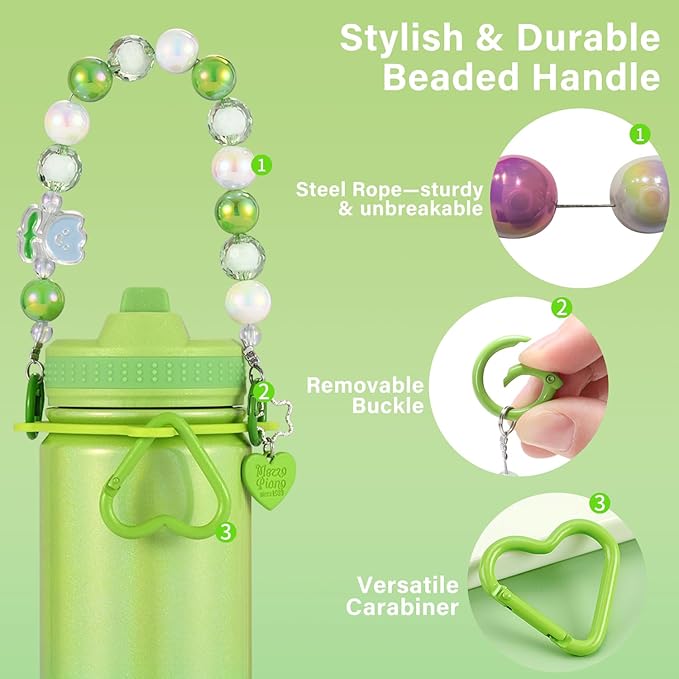 Mininoo Kids Water Bottle for School - 16 oz Stainless Steel Insulated Water Bottle with Ceramic-Lined, Leakproof Straw Lid & Beaded Handle for Girls & Boys