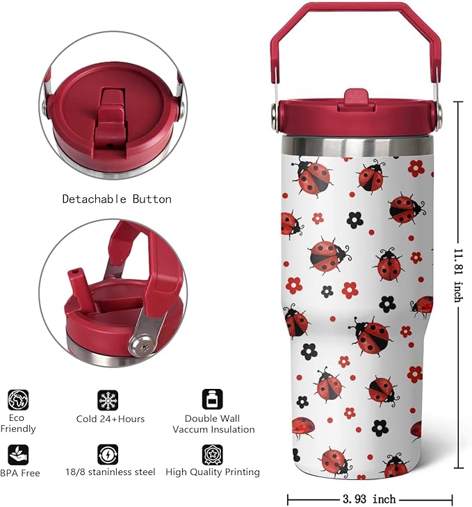30 Ladybug Flip Tumbler, Ladybug Gifts for Women Girls, Lady Bug Reusable Stainless Steel Travel Mug Tumbler Cup Water Botter,Ladybug Decor Accessories Stuff
