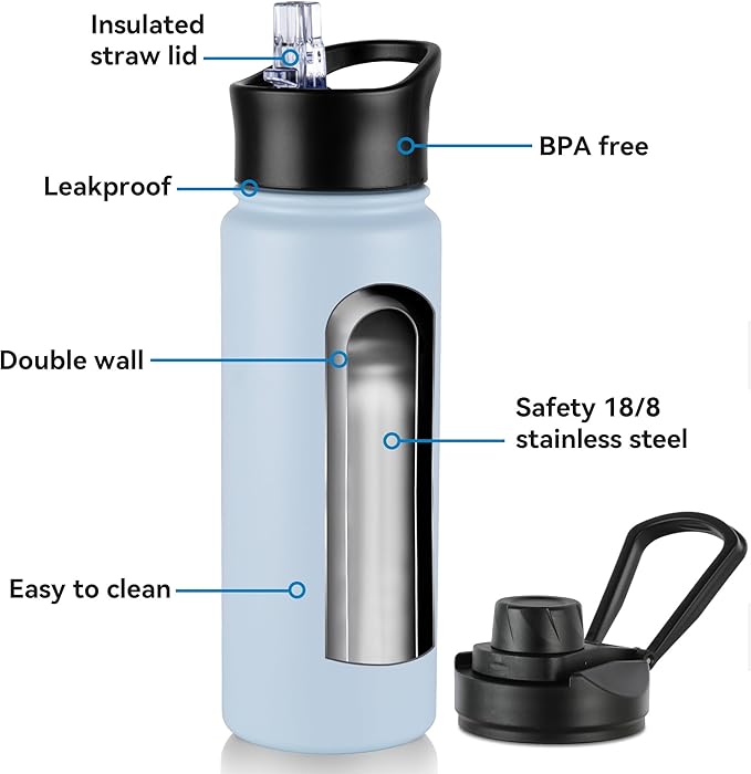 16 oz Insulated Water Bottle with Straw Lids, Stainless Steel Kids Water Bottles for School, Double Wall Vacuum Metal Water Bottle with Straw & Wide Mouth Lid, Light Blue 8 Pack