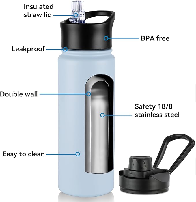 24oz Insulated Water Bottle with Straw Lid, Stainless Steel Metal Water Bottle with Straw & Wide Mouth Lid, Double Wall Vacuum Water Bottle for Hiking Camping, Light Blue 1 Pack