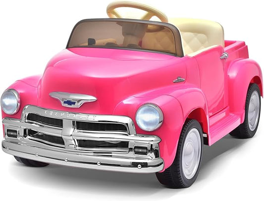 Joywhale 12V Kids Ride on Car Licensed Chevrolet 3100 Pickup Battery Powered Motorized Electric Car, with 7AH Big Battery, 2.4G Remote Control, 3-Speeds, Storage Space, Music, Retro Style, Pink