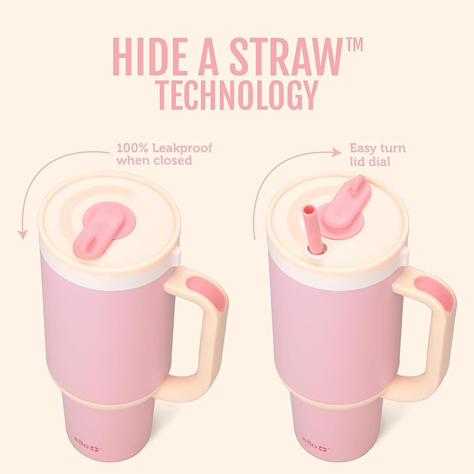 Ello Oasis 40 oz Tumbler with Handle & Retracting Straw | Reusable Insulated Stainless Steel Cup 100% Leakproof, Gifts for Teens Women Men | Keeps cold for 24 Hours, Cup Holder Friendly, Pink Gingham