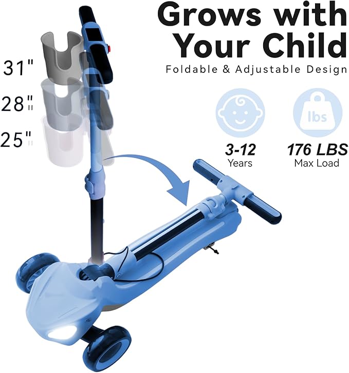 3 Wheel Electric Scooter for Kids Ages 3-10, w/Storage Basket, LCD Screen, Full Body Lights Up, Wide Deck, 5Mph Safe Speed, 90min Riding, Balance Foldable Kick Scooter for Boys & Girls