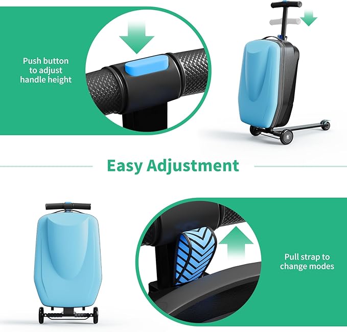 Scooter Hardshell Kids' Luggage, Foldable Carry on Kids Suitcase with Telescopic Handle for Travel, Multifunctional Ride On Lightweight Luggage with Wheels, Light Blue