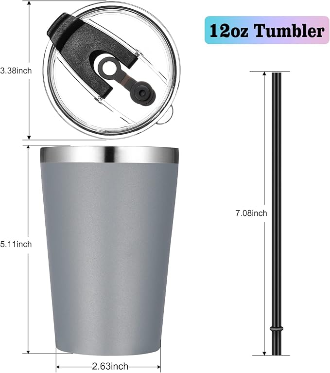VEGOND 12oz Tumbler Stainless Steel Tumbler bulk Vacuum Insulated Double Wall Travel Tumbler with Lid and Straw Reusable Tumbler, Grey 6 Pack