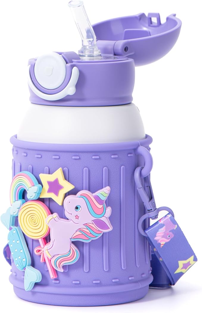 Kids Insulated Tumbler Set – 16 oz Stainless Steel Bottle with 2 Lids (Straw + Pour), Screw-On Cup, Adjustable Strap, Silicone Sleeve + 8 Charms – BPA-Free, Gift-Ready (Unicorn)