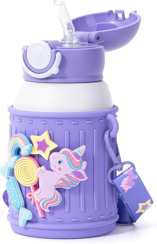 Kids Insulated Tumbler Set – 16 oz Stainless Steel Bottle with 2 Lids (Straw + Pour), Screw-On Cup, Adjustable Strap, Silicone Sleeve + 8 Charms – BPA-Free, Gift-Ready (Unicorn)