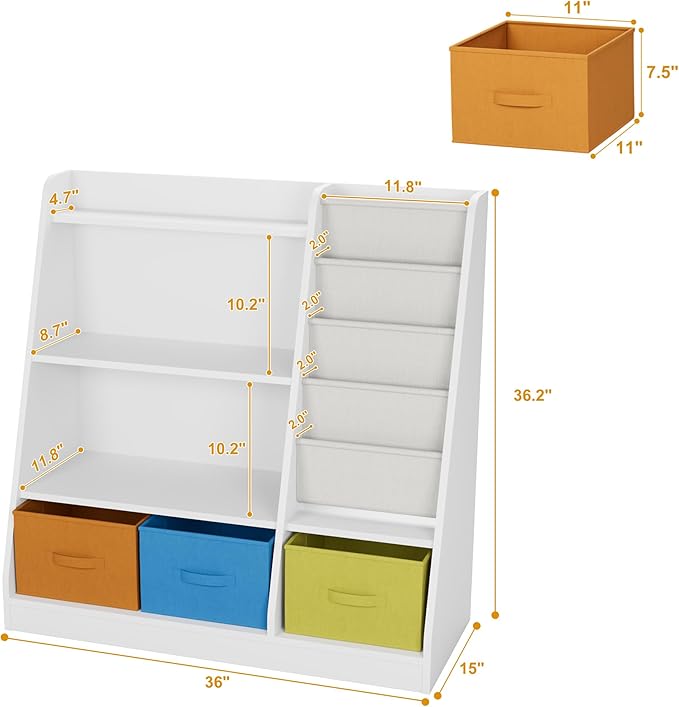 Kids Bookshelf Wood Montessori Toy Storage Organizer Cabinet Shelf Child Bookcase Toddler Baby Sling Book Rack 3 Cube Bin Fabric Drawers for Playroom Bedroom Nursery School