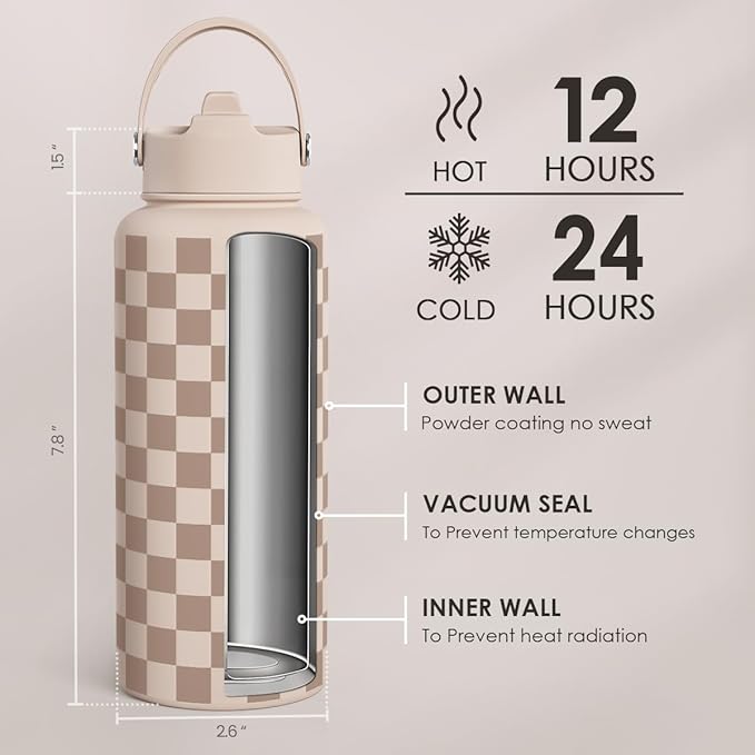 Checkerboard Water Bottle 32oz Stainless Steel with Lid & Straw, Beige Checker Insulated Bottles for Women Girls, Gift Idea for Christmas Birthday