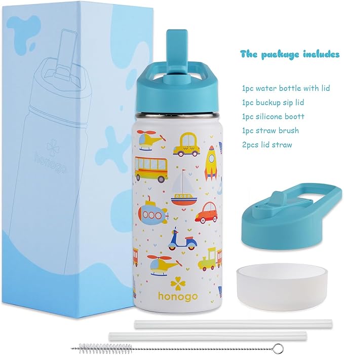 16 oz Stainless Steel Insulated Kids Water Bottle, Leak Proof Metal Thermal Flask with Straw lid, Cute Toddler Tumbler Cup for School Girls & Boys (White, Vehicle)