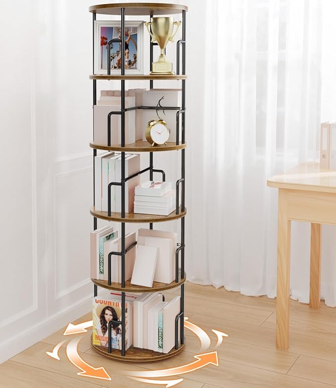 5 Tier Rotating Bookshelf Tower Round,Tall Floor Standing Spinning Bookshelf Tower Anti-Tipping Design,Metal & Wood Revolving Bookcase Stackable Space Saving for Small Spaces,Study,Living Room,Bedroom