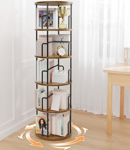 5 Tier Rotating Bookshelf Tower Round,Tall Floor Standing Spinning Bookshelf Tower Anti-Tipping Design,Metal & Wood Revolving Bookcase Stackable Space Saving for Small Spaces,Study,Living Room,Bedroom
