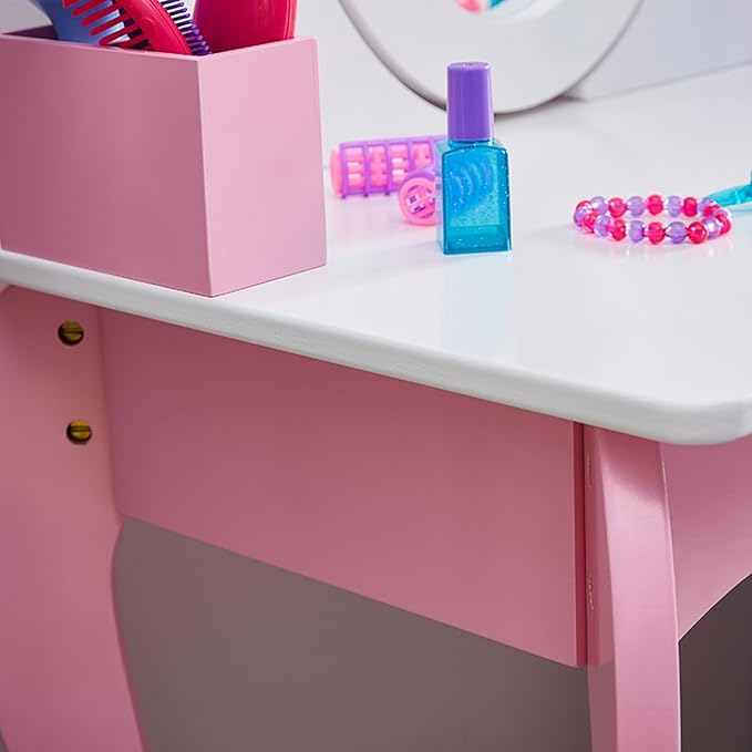 Wooden Vanity Set with 360° Swivel Mirror (Whiteboard & Mirror) & Stool, Kids Makeup Dresser Table with Anti-Tip Design, Storage Drawer for Ages 4-9 Girls, Ideal Gift for Birthday/Christmas