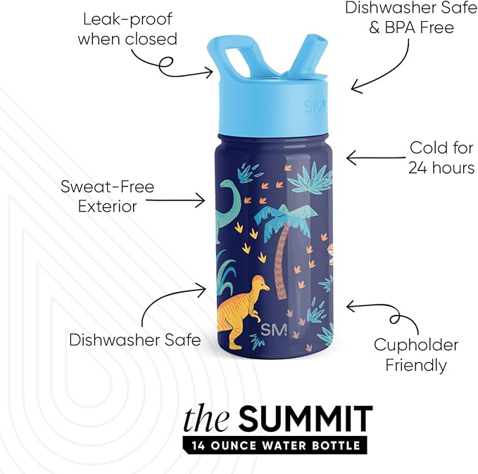 Simple Modern Kids Summit Water Bottle with Straw Lid | 14oz Stainless Steel Cup Insulated Tumbler for Toddlers, School | Jurassic Jungle