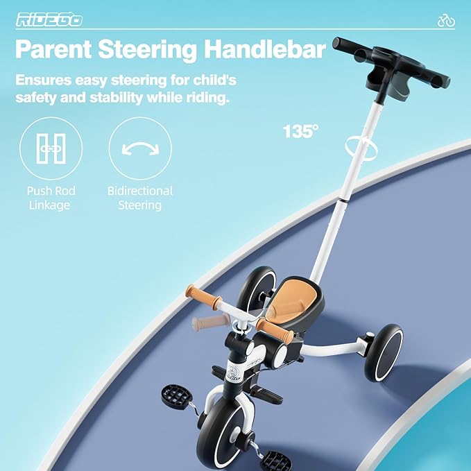 Ridego Toddler Tricycle with Push Handle for 3-5 Years Old Boys and Girls,5 in 1 Foldable Toddler Bike with Adjustable Seat, Kids Tricycle Ride-on Toys for Kids Birthday Gifts