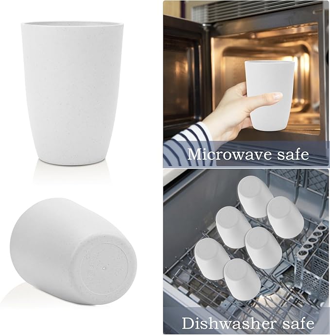 Wheat Straw Cups 6 Set of 6 Good Alternative to Plastic Reusable Cups 20 oz Unbreakable Drinking Cup Reusable Dishwasher Safe Water Plastic Glasses - White