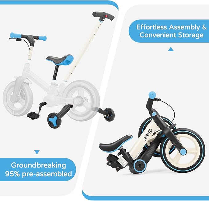 JMMD Toddler Bike with Push Handle for Kids 18-60 Months, 6 in 1 Foldable Push Bike with Training Wheels, Pedals, Brakes, Kickstand, Kid Balance Bike Gift & Toys for Boy & Girl