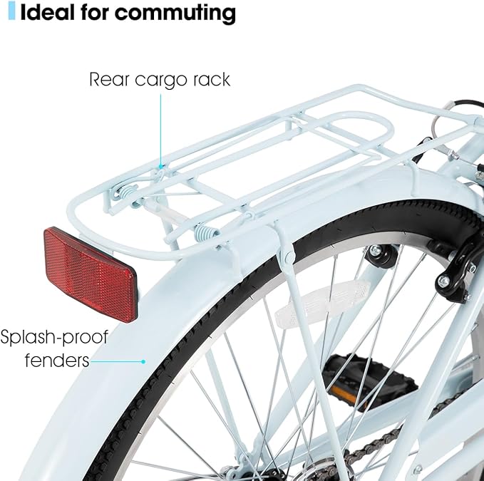 HILAND 26 inch Beach Cruiser Bike for Men and Women, 7 Speed Step-Through Frame Adult Bicycle with Rear Rack, Retrospec Bike Commuter City Bicycle