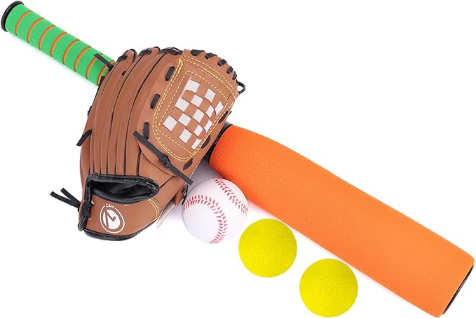 Foam Kids Baseball Bat Toy Set 3-in-1 Soft Bat, Baseballs & 9.5 Inch Youth Baseball Glove Bundle for Toddlers Children Youth 3-5 Years Indoor Outdoor Sport T Ball Game Playing