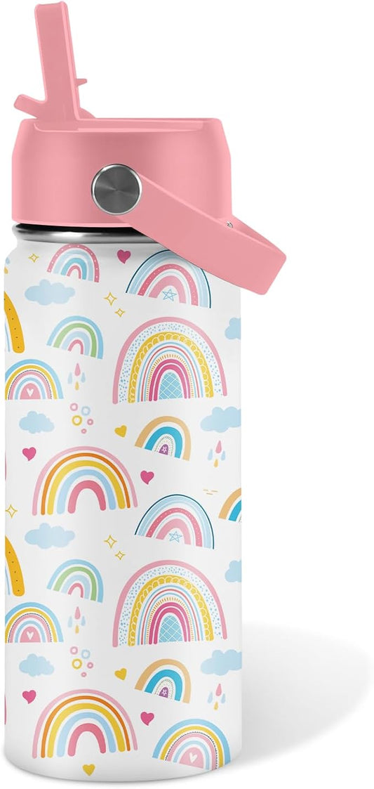 16oz Rainbow Tumbler Cup with Handle and Straw - Pink Stainless Steel Water Bottle for Women Men - Insulated Double Wall Travel Mug, Sweatproof, Non-Slip Base - Birthday Gift Ideas