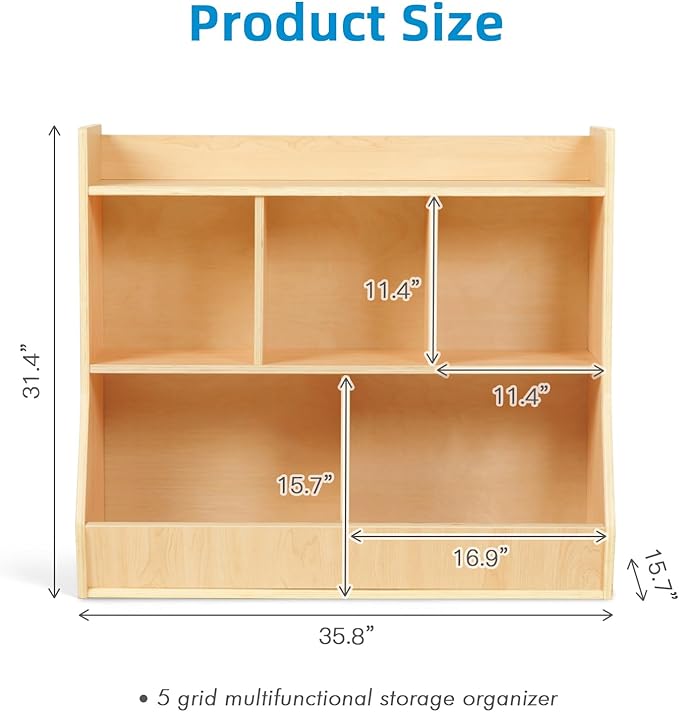 OOOK Montessori Toy Shelf, Toy Storage Shelves, Wooden Storage Cabinet, 5 Cubby Children Bookcase, Kids Bookshelf for Playroom, Nursery, Daycare, Preschool, Classroom Furniture