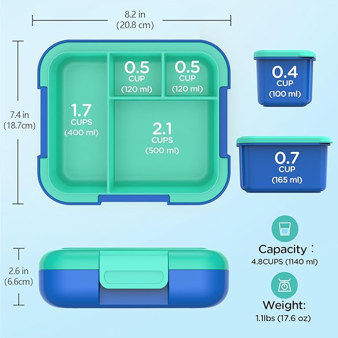 Caperci Bento Box for Kids - Large 4.8 Cups Lunch Box with Two Modular Containers - 4 Compartments, Leak-Proof, Portable Handle, Microwave/Dishwasher Safe, BPA-Free (Jungle Green/Blue)
