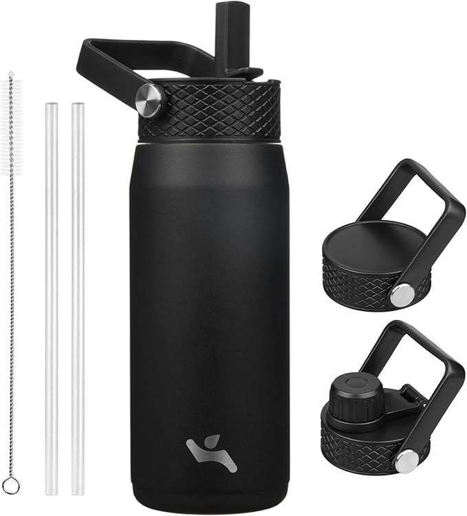 20oz Insulated Stainless Steel Water Bottle with Straw and 3 Lids, BPA-Free Sports Water Bottle,travel water bottle,Black