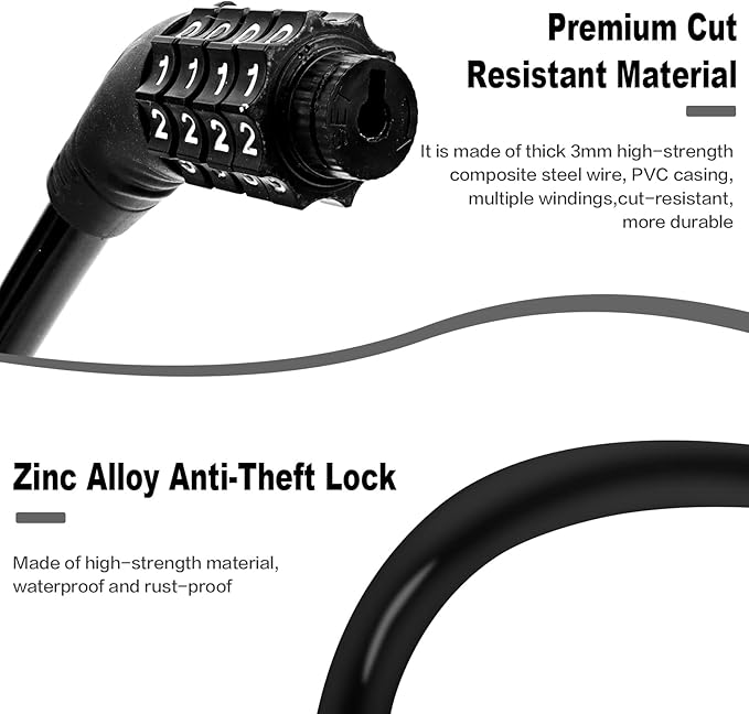 Bike Lock Cable, Bike Accessories, Bike Locks Heavy Duty Anti Theft, Combination Cable Lock for Outdoor Equipment, Black (2Ps, 1Ft, Reset Combo)