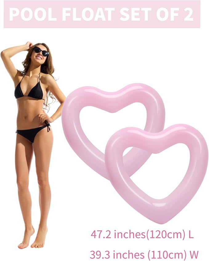 HeySplash Heart Pool Float, Heart Shaped Summer Swimming Pool Float Loungers Tube Ring Floatie, Water Fun Beach Party Toys for Adults, 2 Pack, 120 cm Diameter - Pink