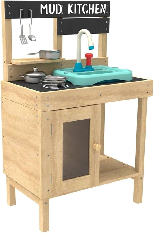Mud Play Kitchen For Kids - Indoor, Outdoor Toddler Toys Wooden Kitchen Playset w/ Accessories, Sink with Faucet, Durable, Weatherproof, Chalkboard, Wood Burner Stencils, Easy Assembly, Age 3+